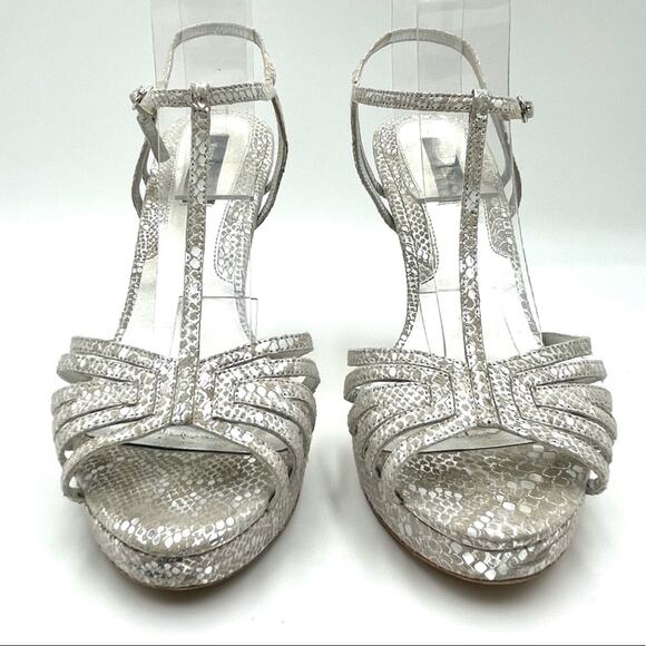WHITE HOUSE BLACK MARKET ELIZABETH strappy heel sandals silver  fabric upper  9 - Picture 5 of 11